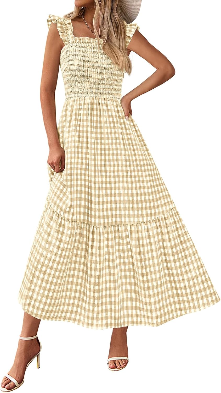 Women Square Neck Gingham Midi Dress Ruffle Strap Smocked A-Line Sundress