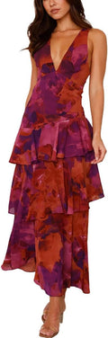 Women Floral Maxi Dress Sexy Deep V Neck Backless Ruffle Beach Party Wedding Guest Dress