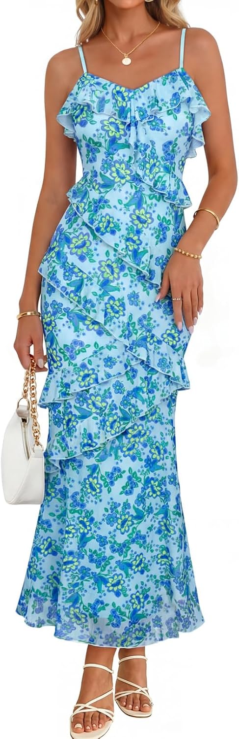 Women Bodycon Floral Long Dress Spaghetti Strap Wedding Guest Dress