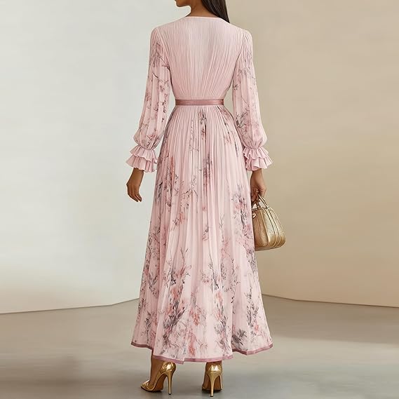Elegant 2026 Floral Puff Sleeve Women Maxi Dress