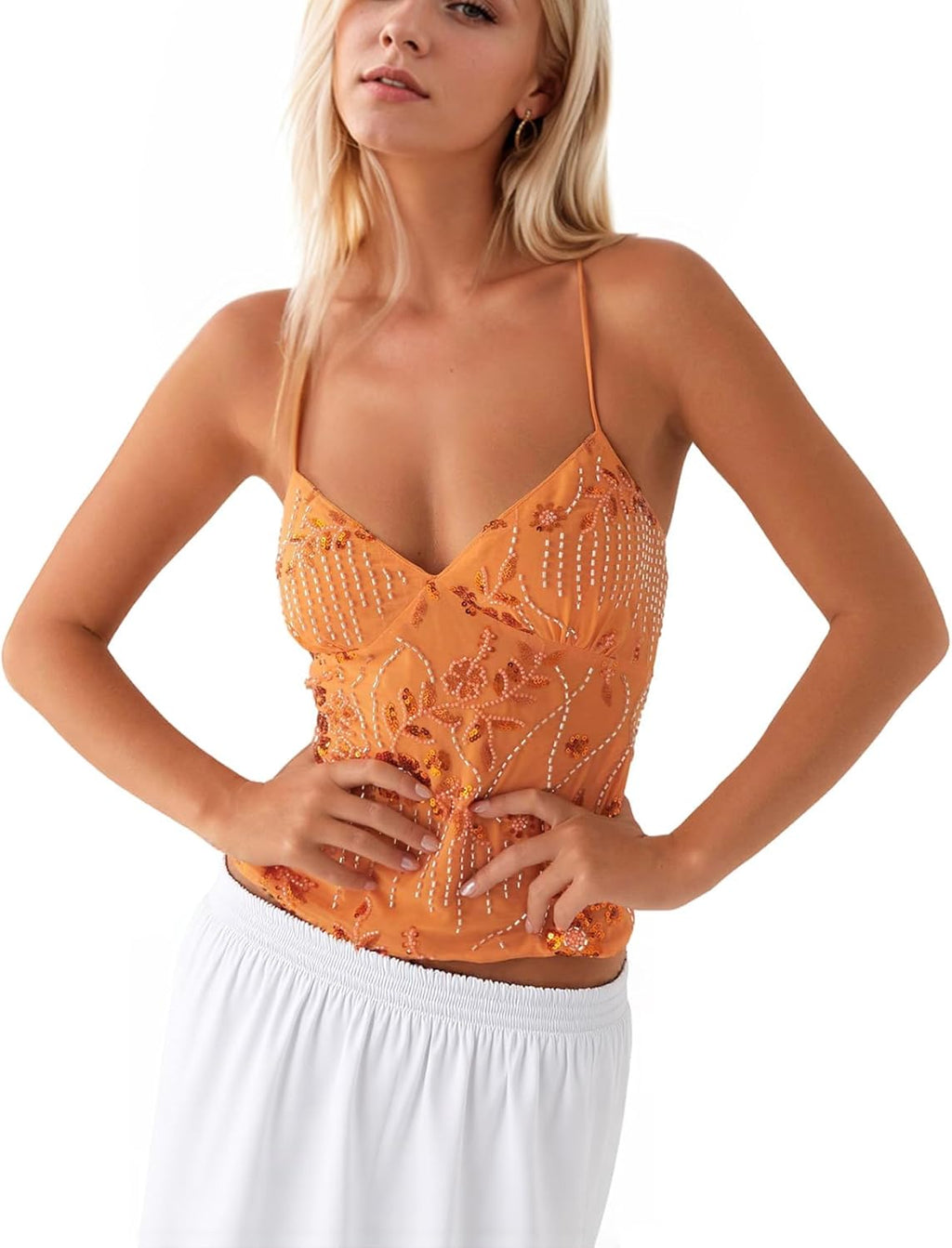 Women Y2K Floral Sequin Crop Top, Sparkle Rhinestone Criss Cross Halter Tank Top