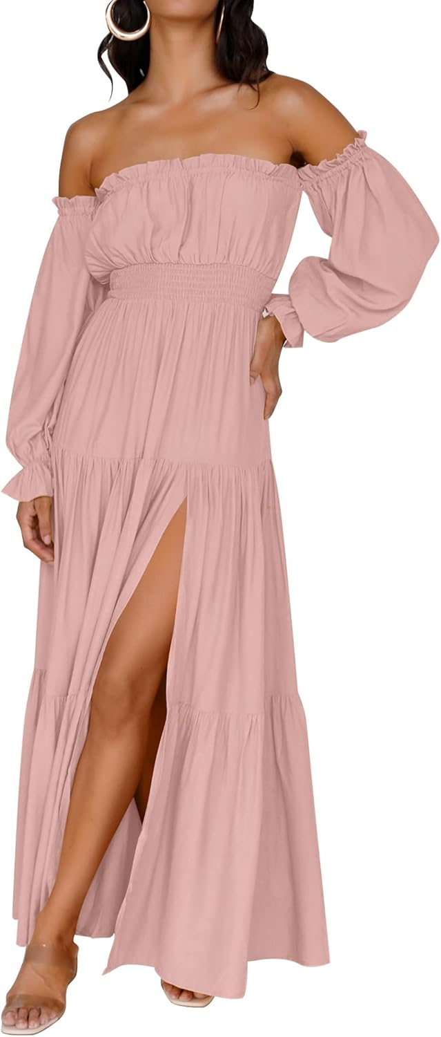 Boho Off Shoulder Maxi Dress Women Flowy Side Split Wedding Guest Dress