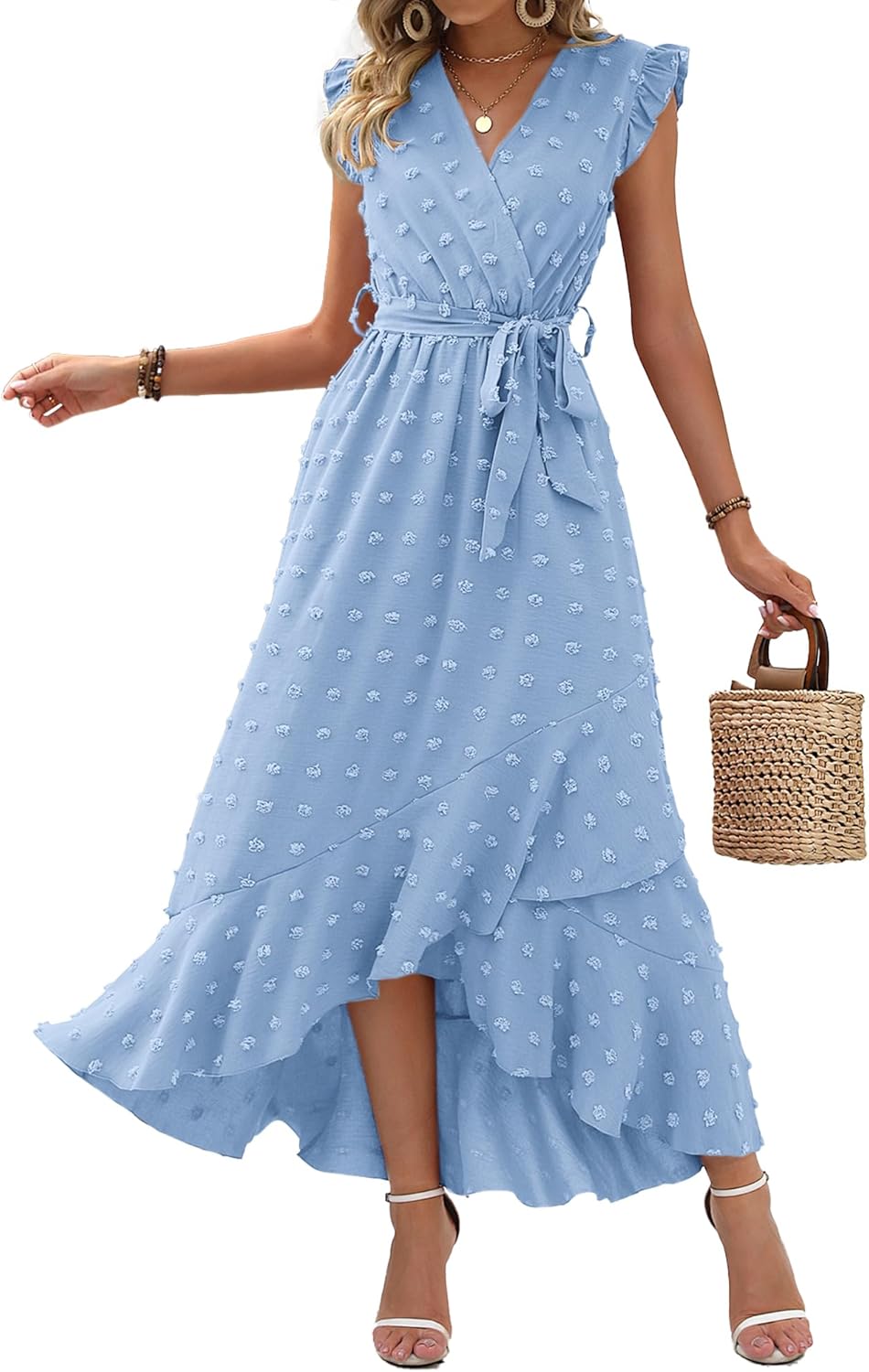 Summer Flowy Ruffle Maxi Dress Women Swiss Dot Cap Sleeve Casual Party Dress