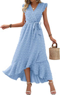 Summer Flowy Ruffle Maxi Dress Women Swiss Dot Cap Sleeve Casual Party Dress