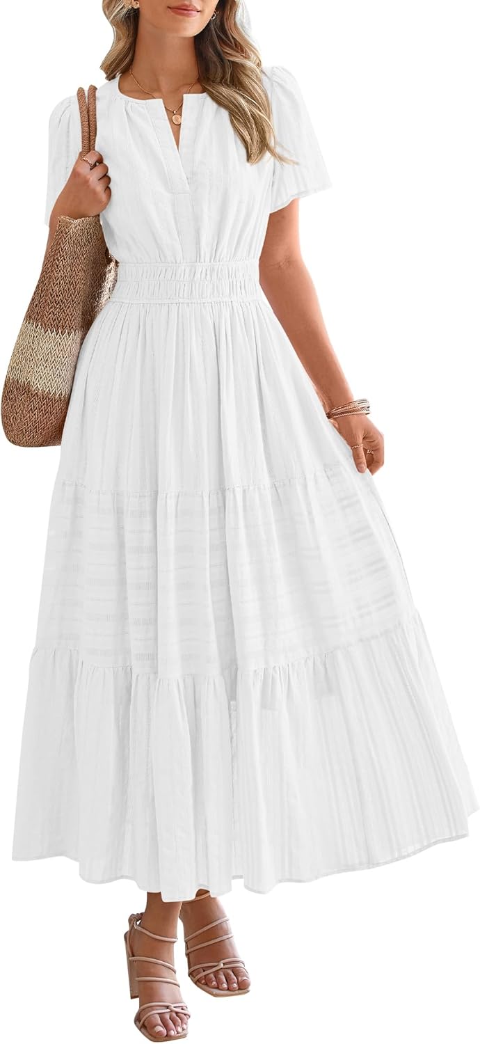 Casual Boho Maxi Dress Women V Neck Short Sleeve Flowy Beach Dress with Pockets