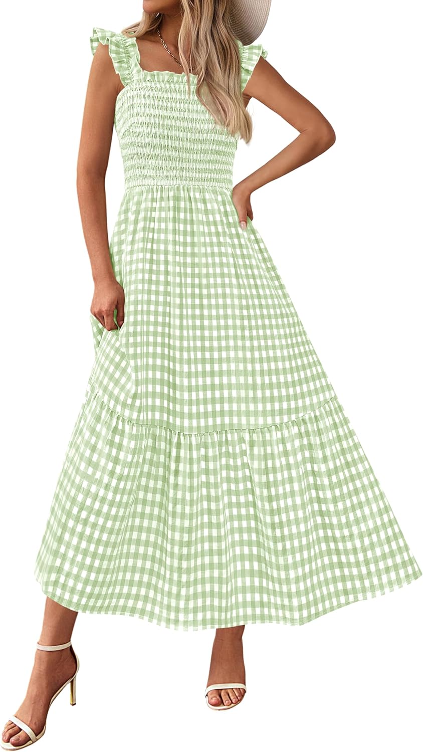 Women Square Neck Gingham Midi Dress Ruffle Strap Smocked A-Line Sundress