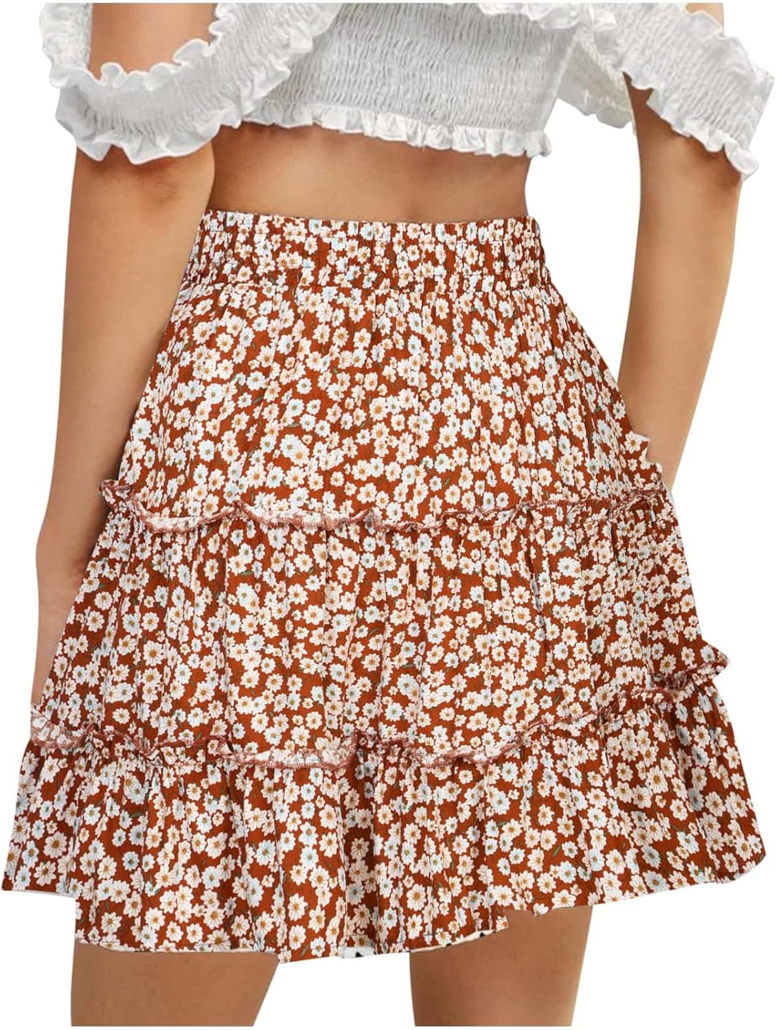 Floral Pleated A Line Mini Skirt Elastic Waist Boho Skater Skirt