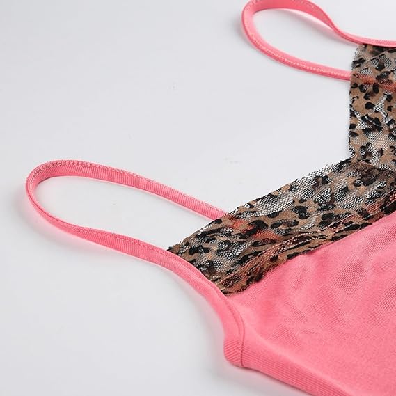 Women Y2K Leopard Print Cami Crop Top, Lace Trim Spaghetti Strap Slim Fit Top