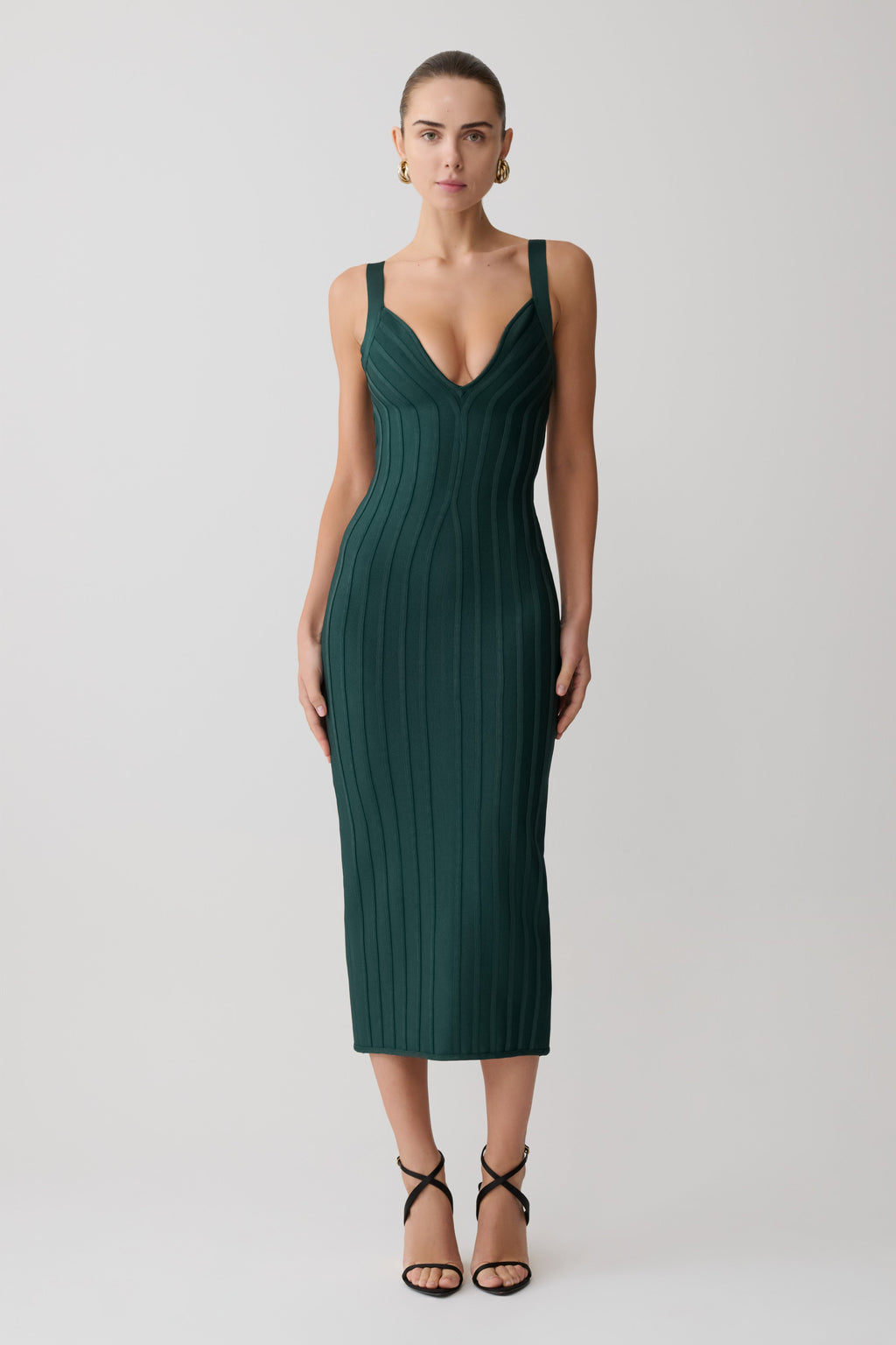 Ribbed Knit V-Neck Bodycon Midi Dress