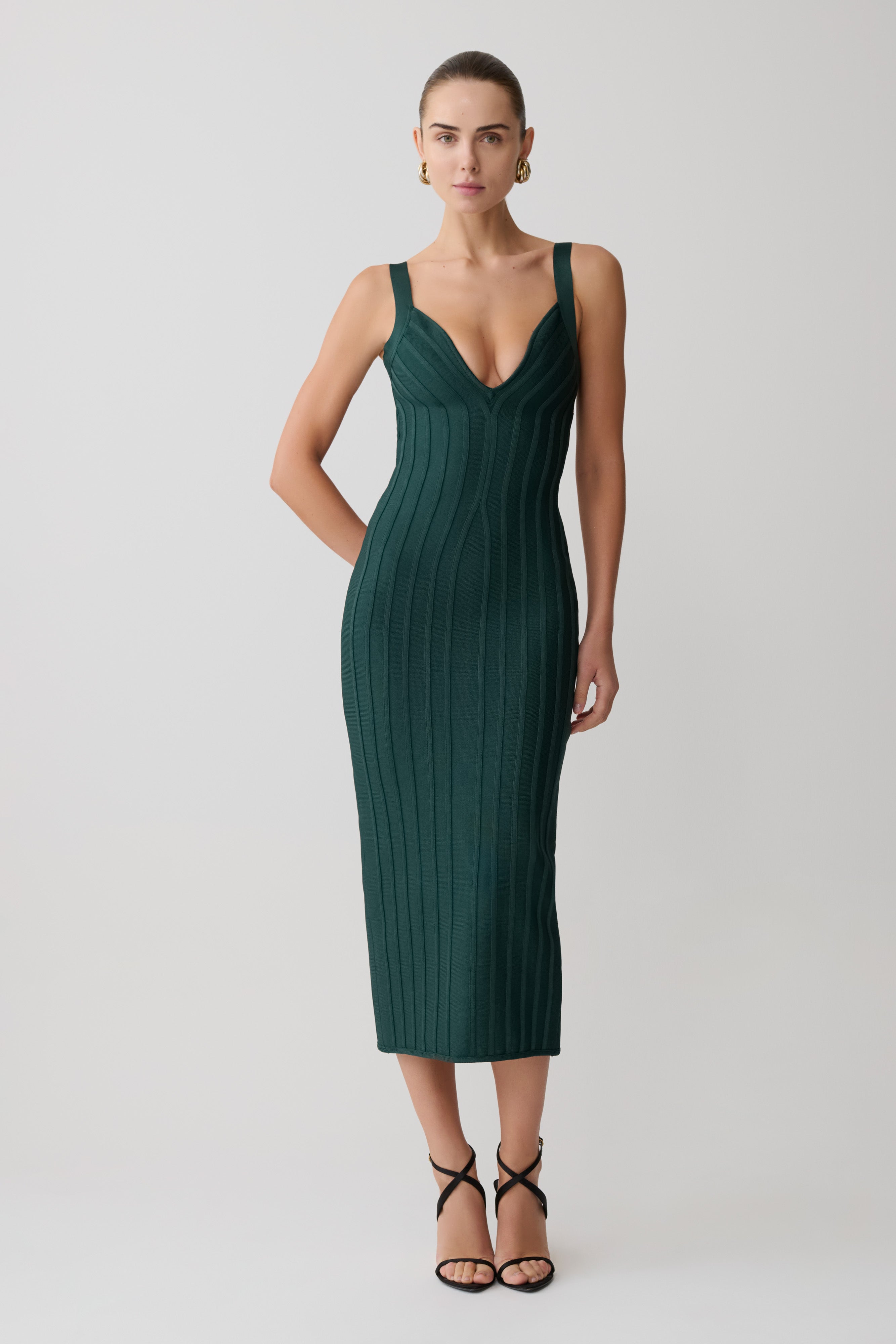 Ribbed Knit V-Neck Bodycon Midi Dress