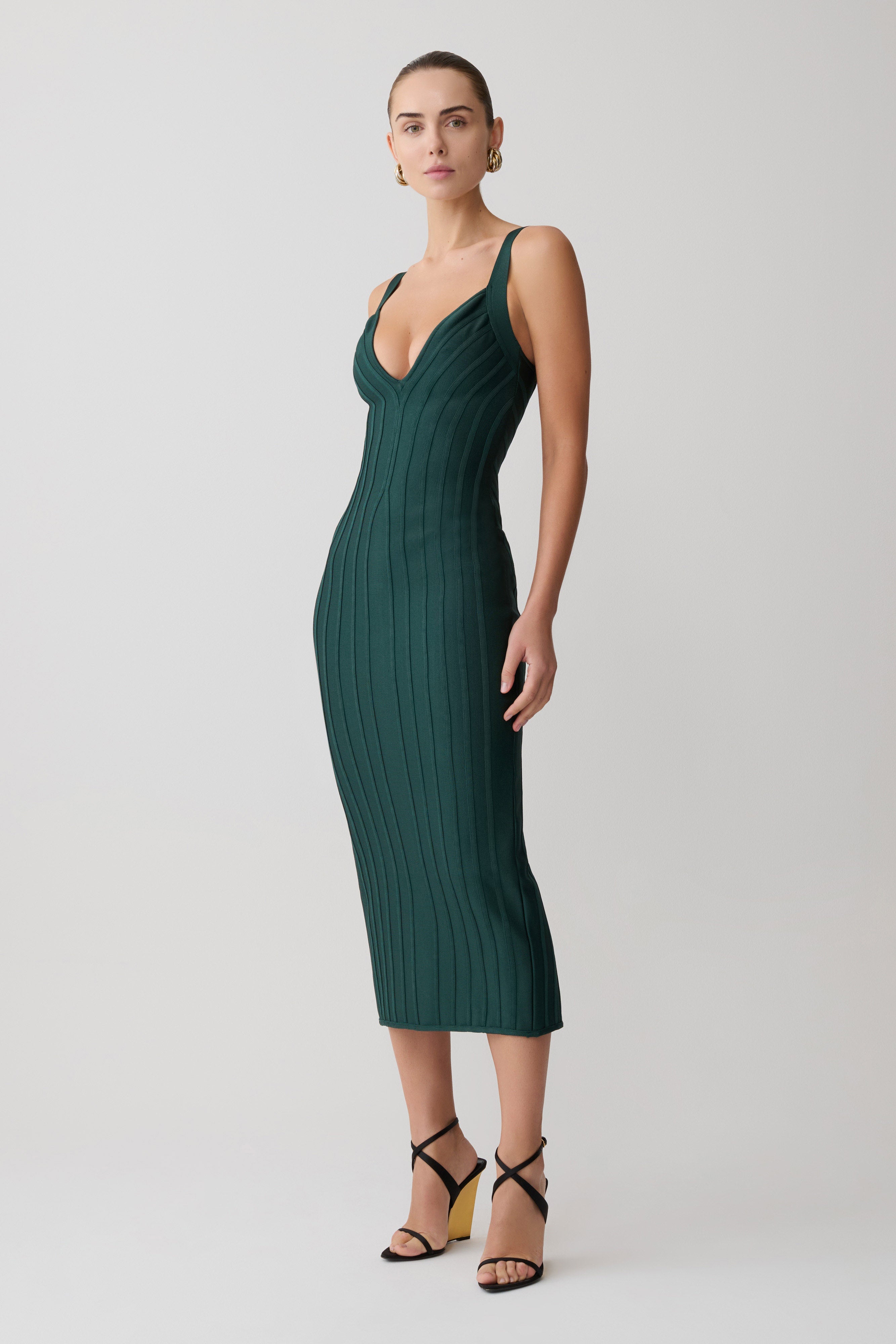 Ribbed Knit V-Neck Bodycon Midi Dress