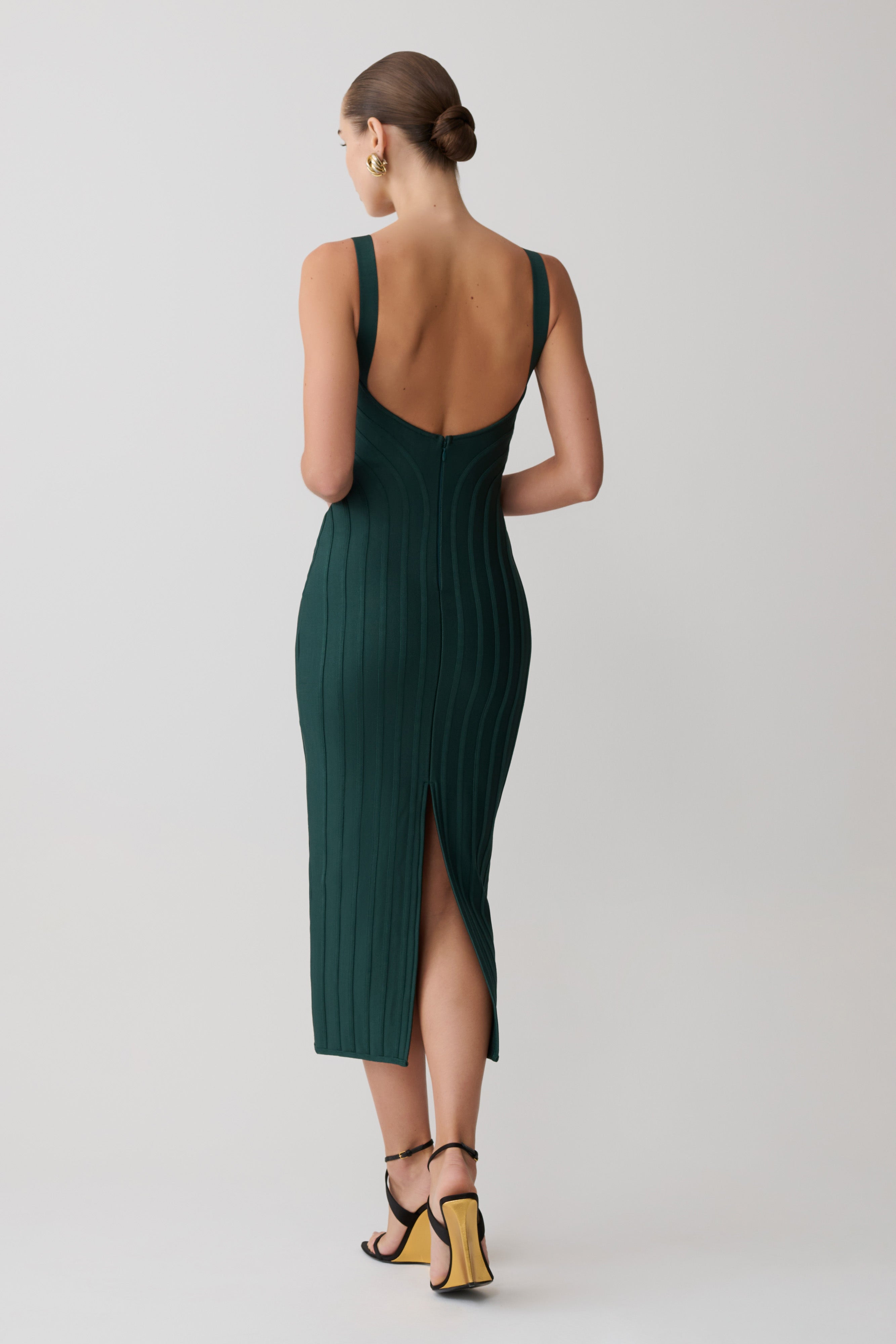Ribbed Knit V-Neck Bodycon Midi Dress