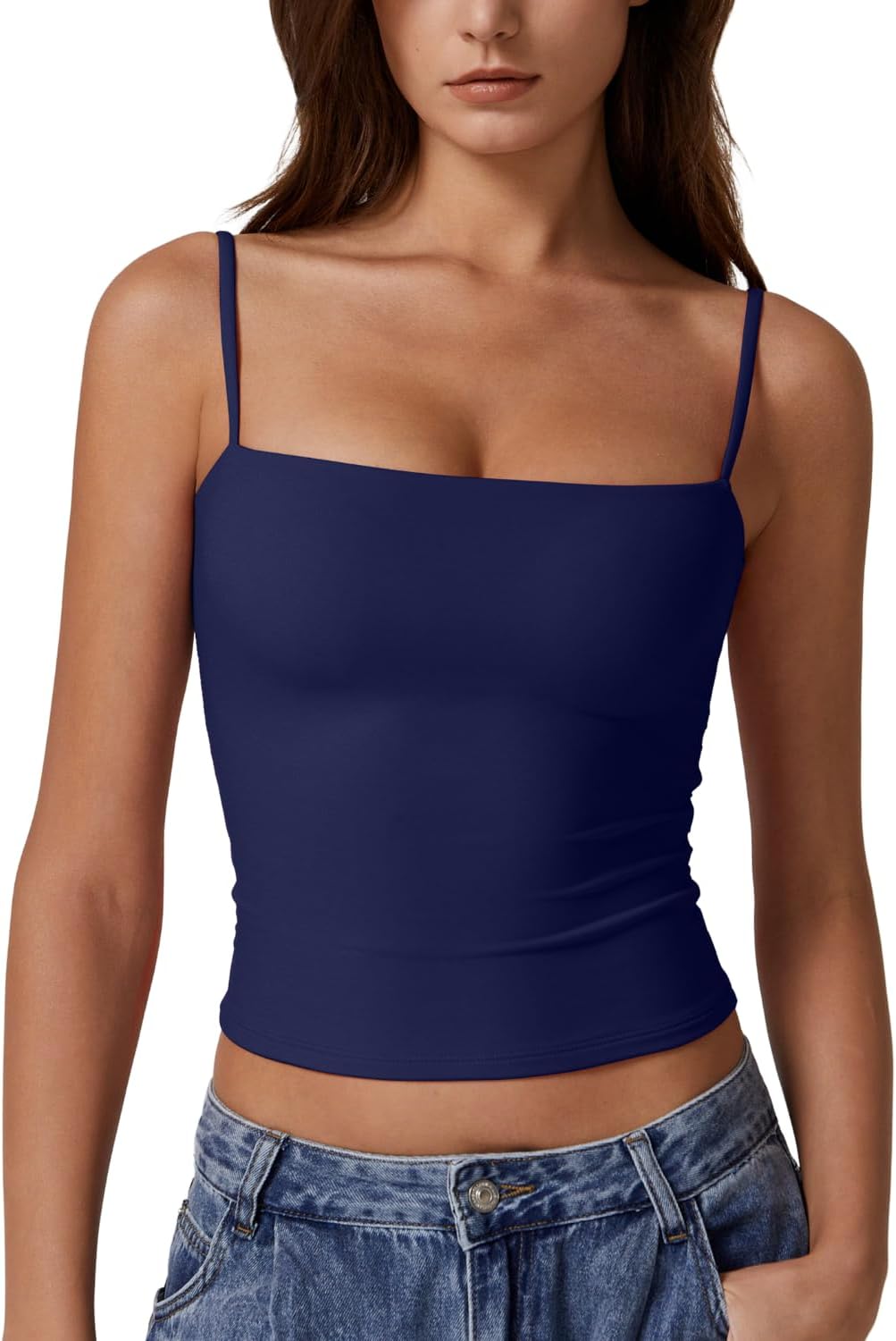 QINSEN Women's Double Lined Basic Tank Top Adjustable Spaghetti Straps Sleeveless Camisole Shirts