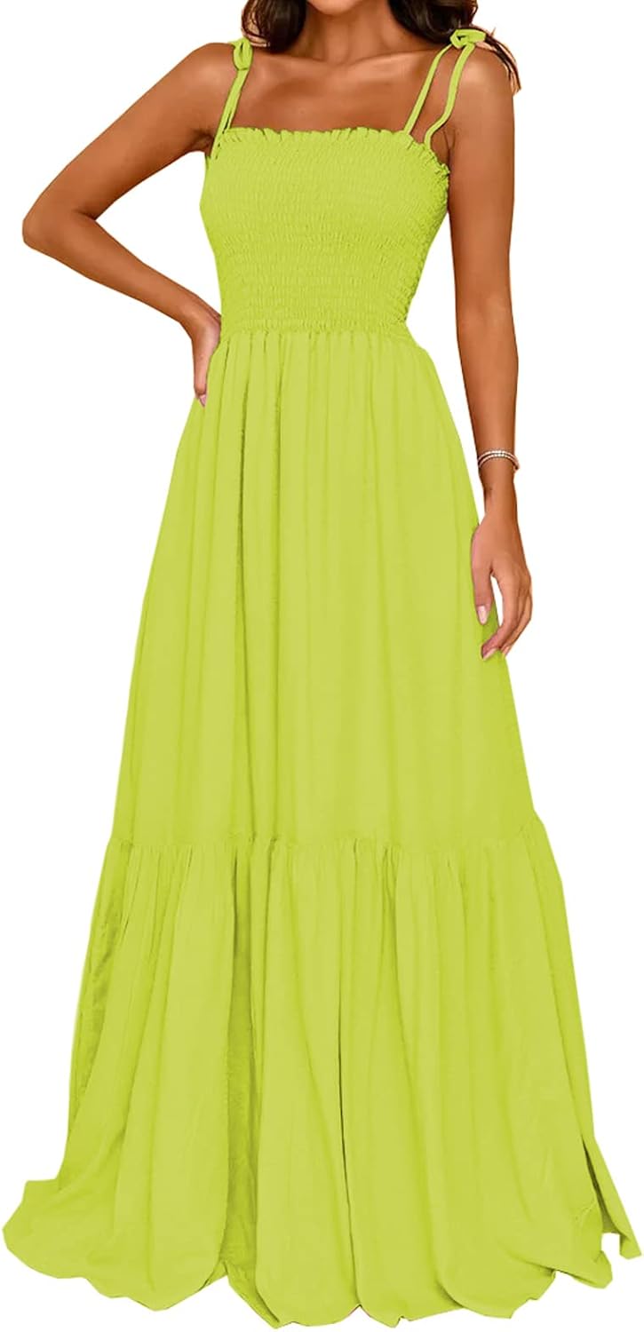 Square Neck Spaghetti Strap Boho Maxi Ruffle Beach Dress