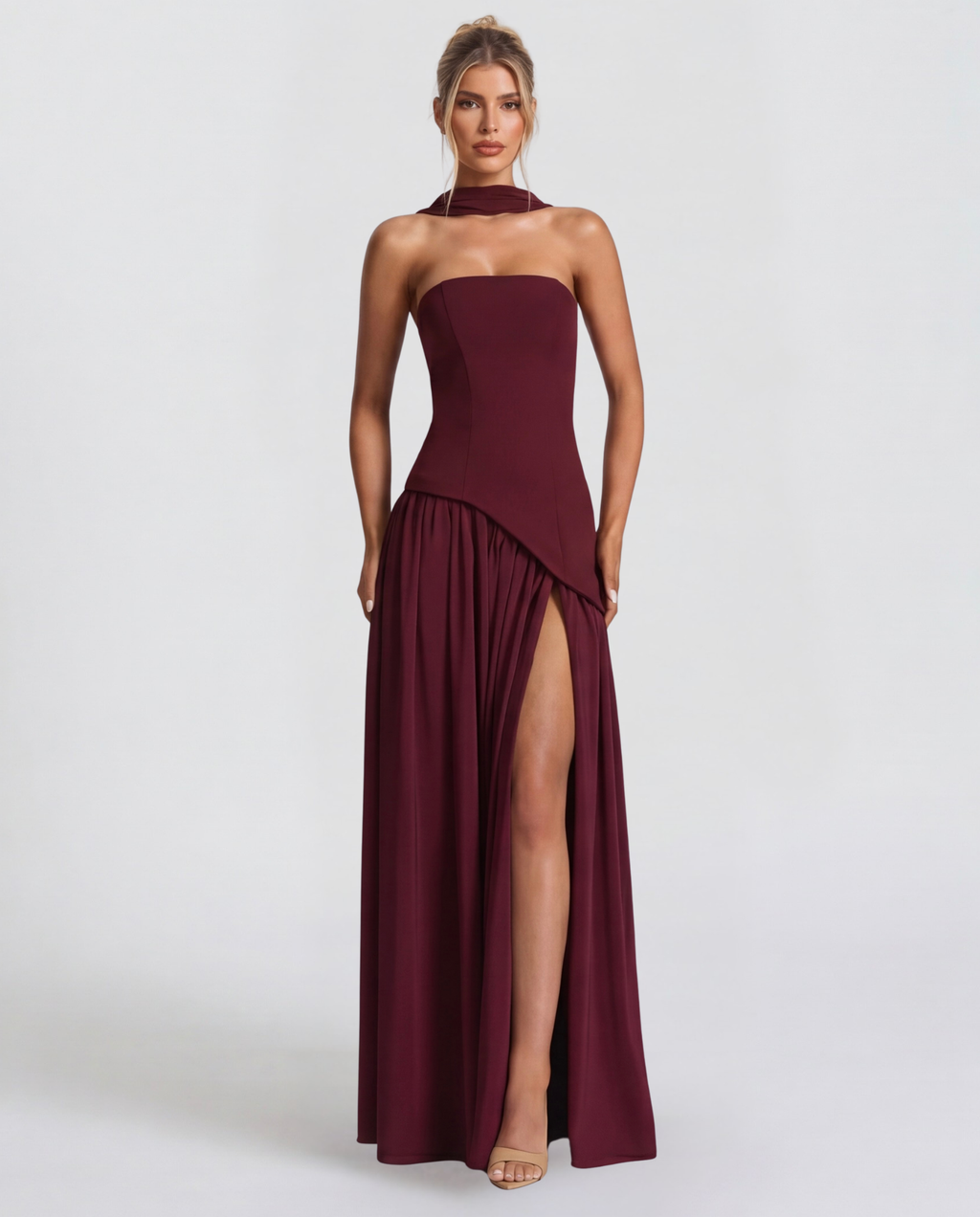 Strapless Halter Slit Maxi Dress
