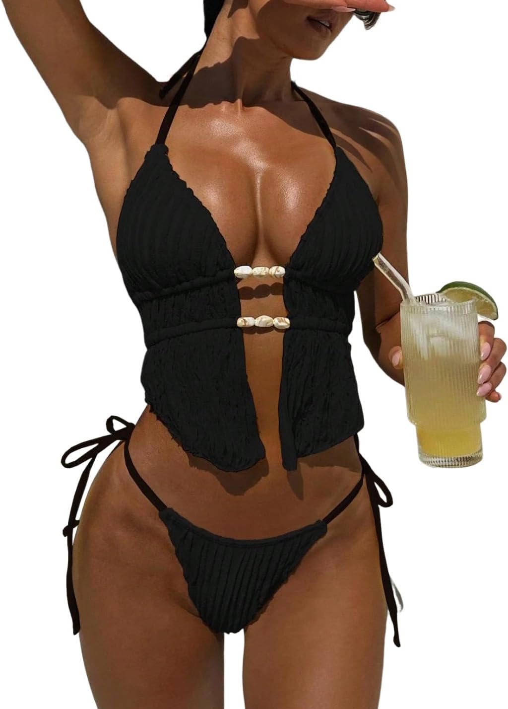 Halter Backless Bikini Set Textured Cheeky High Cut String Swimsuits