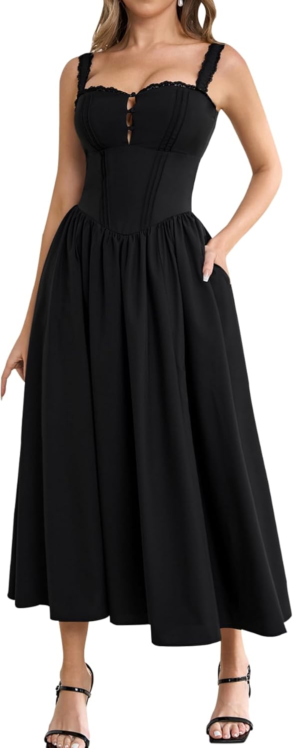 Women Summer Lace Corset Midi Dress Flowy Bridal Shower Dress