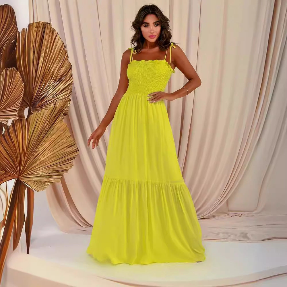 Square Neck Spaghetti Strap Boho Maxi Ruffle Beach Dress