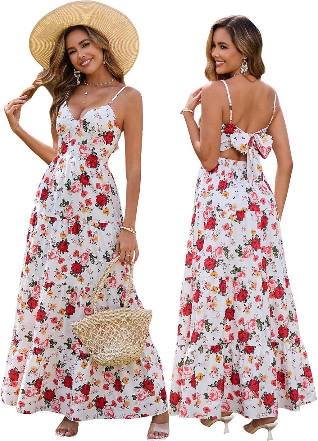 Women’s Summer Flowy Maxi Dress – Spaghetti Strap Bow Tie
