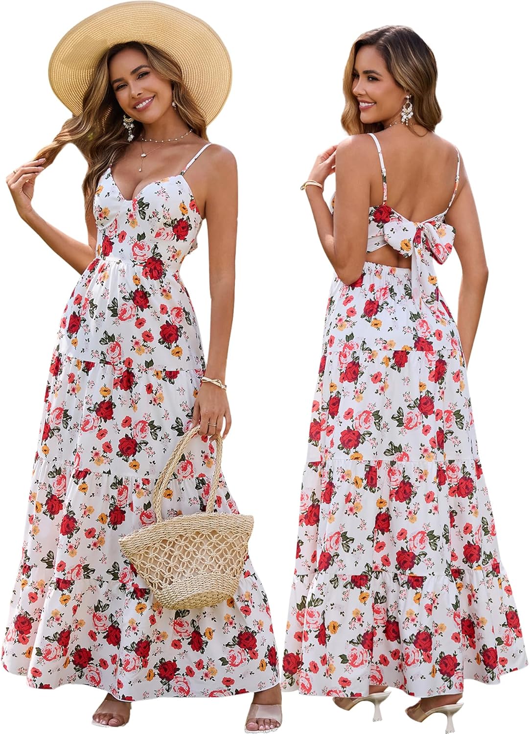 Women’s Summer Flowy Maxi Dress – Spaghetti Strap Bow Tie