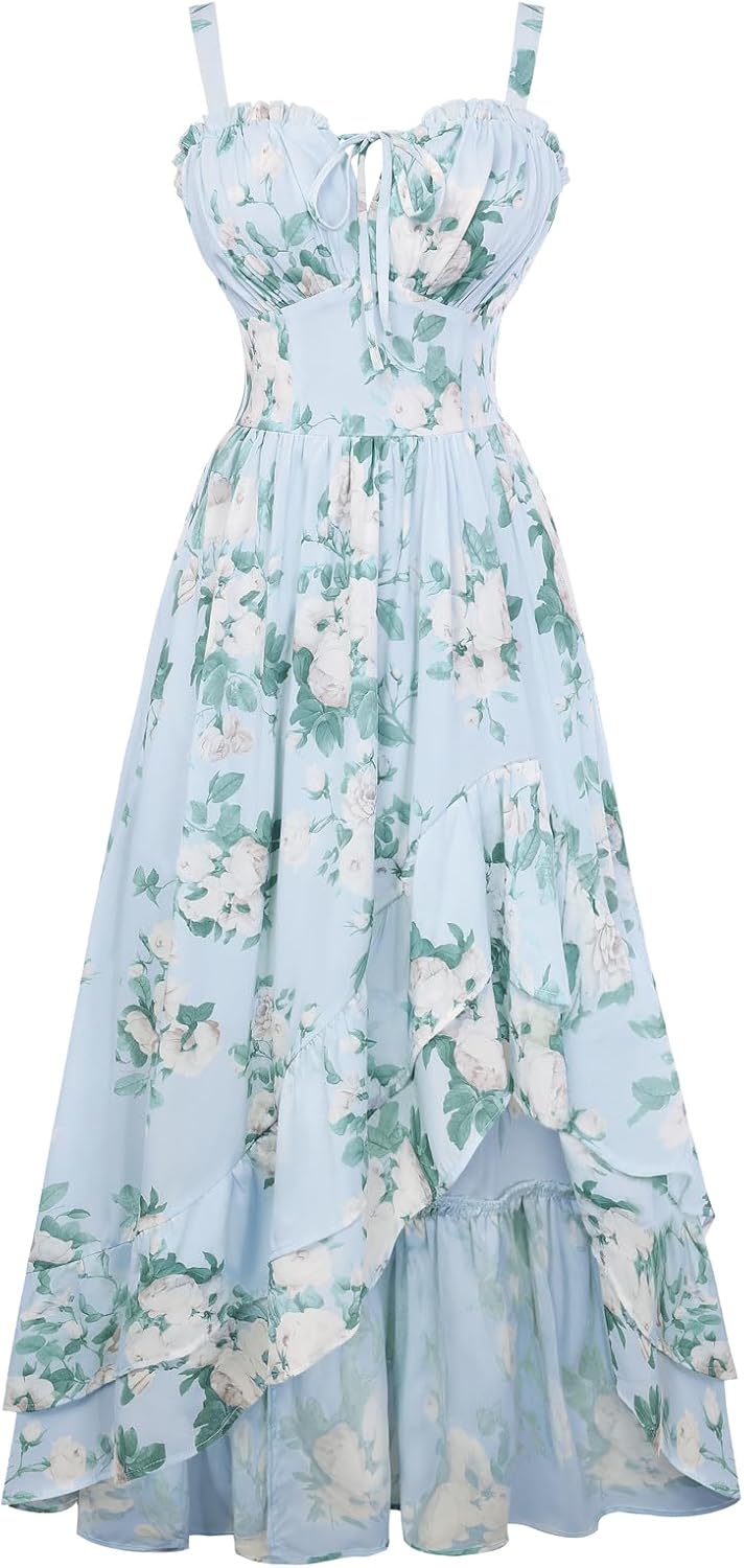 Women Floral Ruffle Maxi Dress Corset Style Summer Dress with Pockets
