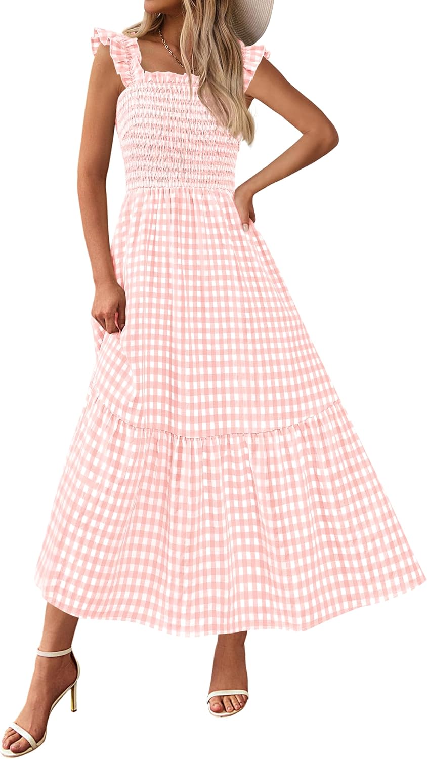 Women Square Neck Gingham Midi Dress Ruffle Strap Smocked A-Line Sundress