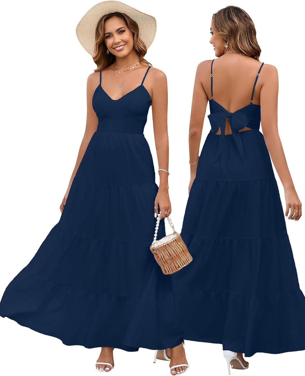 Women’s Summer Flowy Maxi Dress – Spaghetti Strap Bow Tie