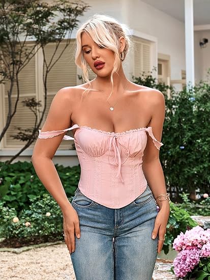 Women Y2K Lace Corset Crop Top, Square Neck Bustier Tank for Going Out