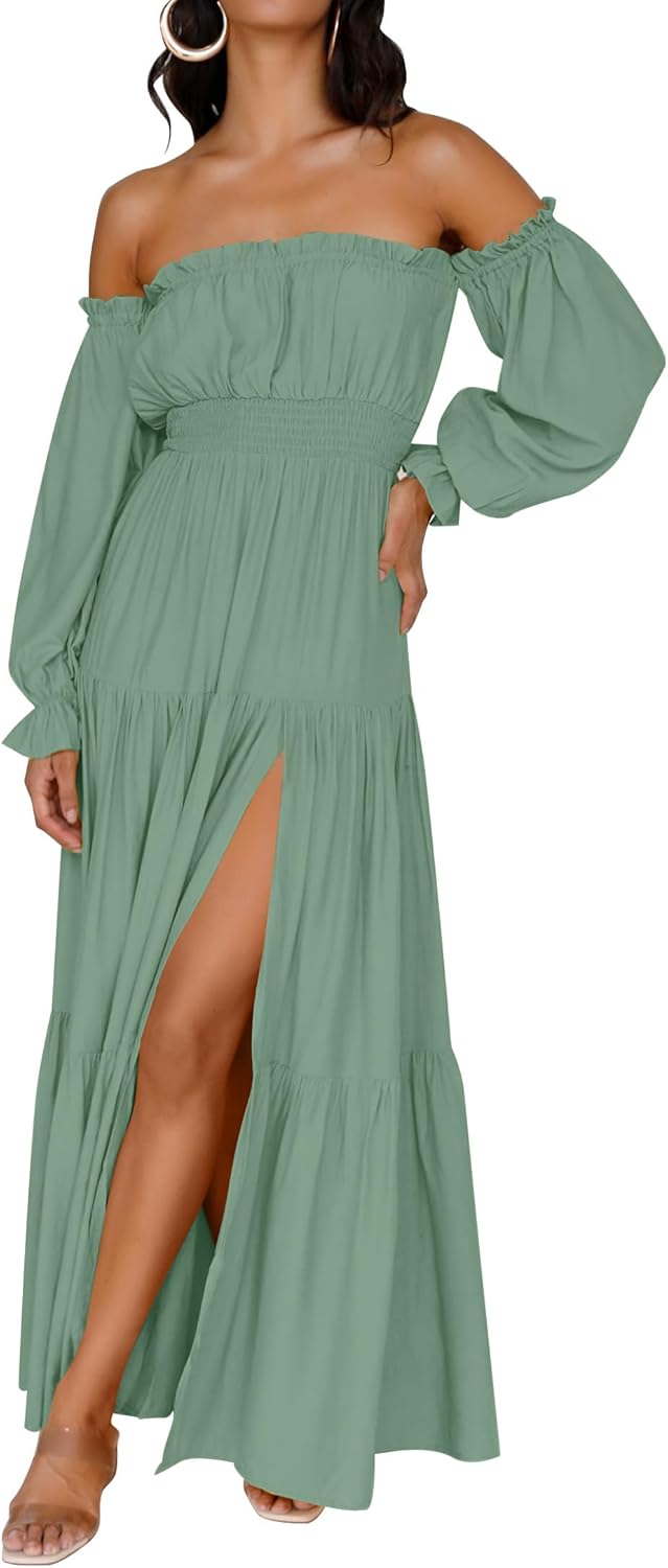 Boho Off Shoulder Maxi Dress Women Flowy Side Split Wedding Guest Dress