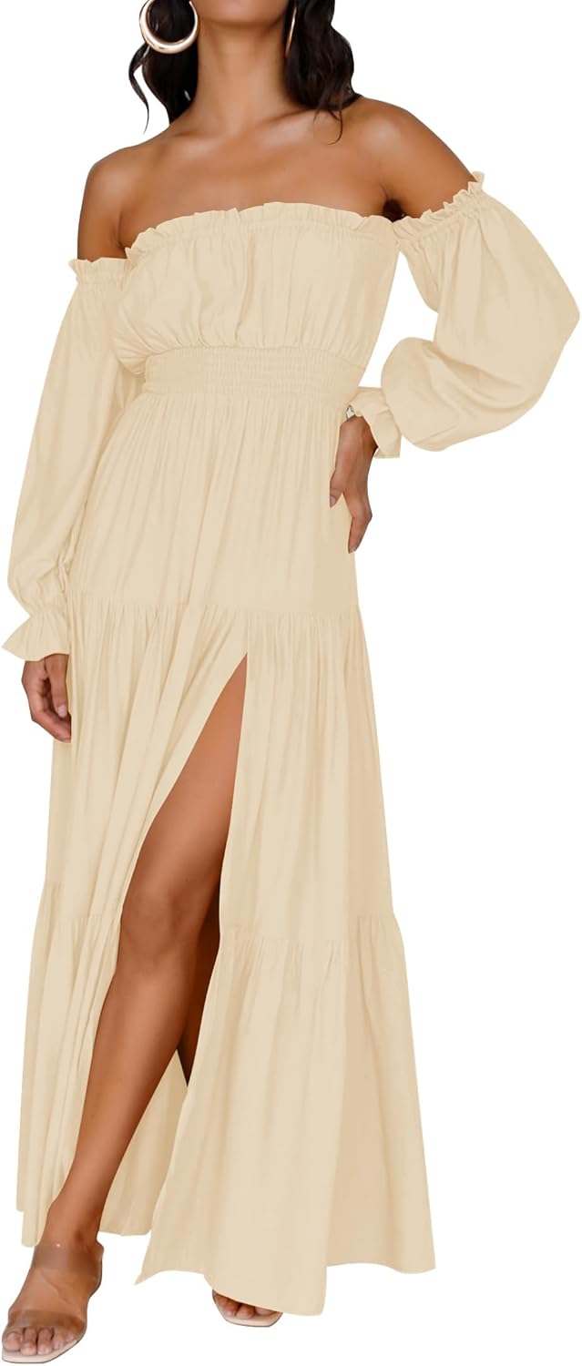 Boho Off Shoulder Maxi Dress Women Flowy Side Split Wedding Guest Dress
