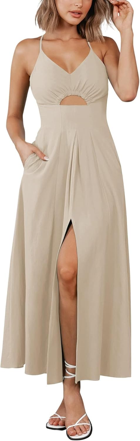 Women Spaghetti Strap Maxi Dress Sleeveless V Neck Cutout Slit Casual Beach Dress with Pockets