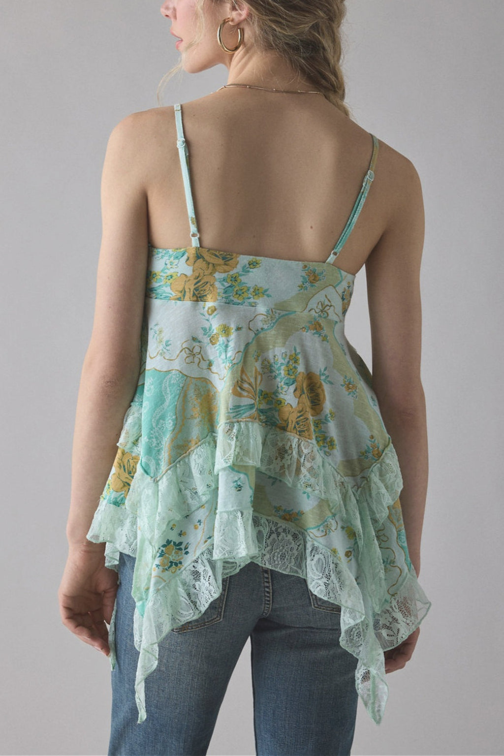 Retro Floral Chiffon Ruffled Hem Cami Top