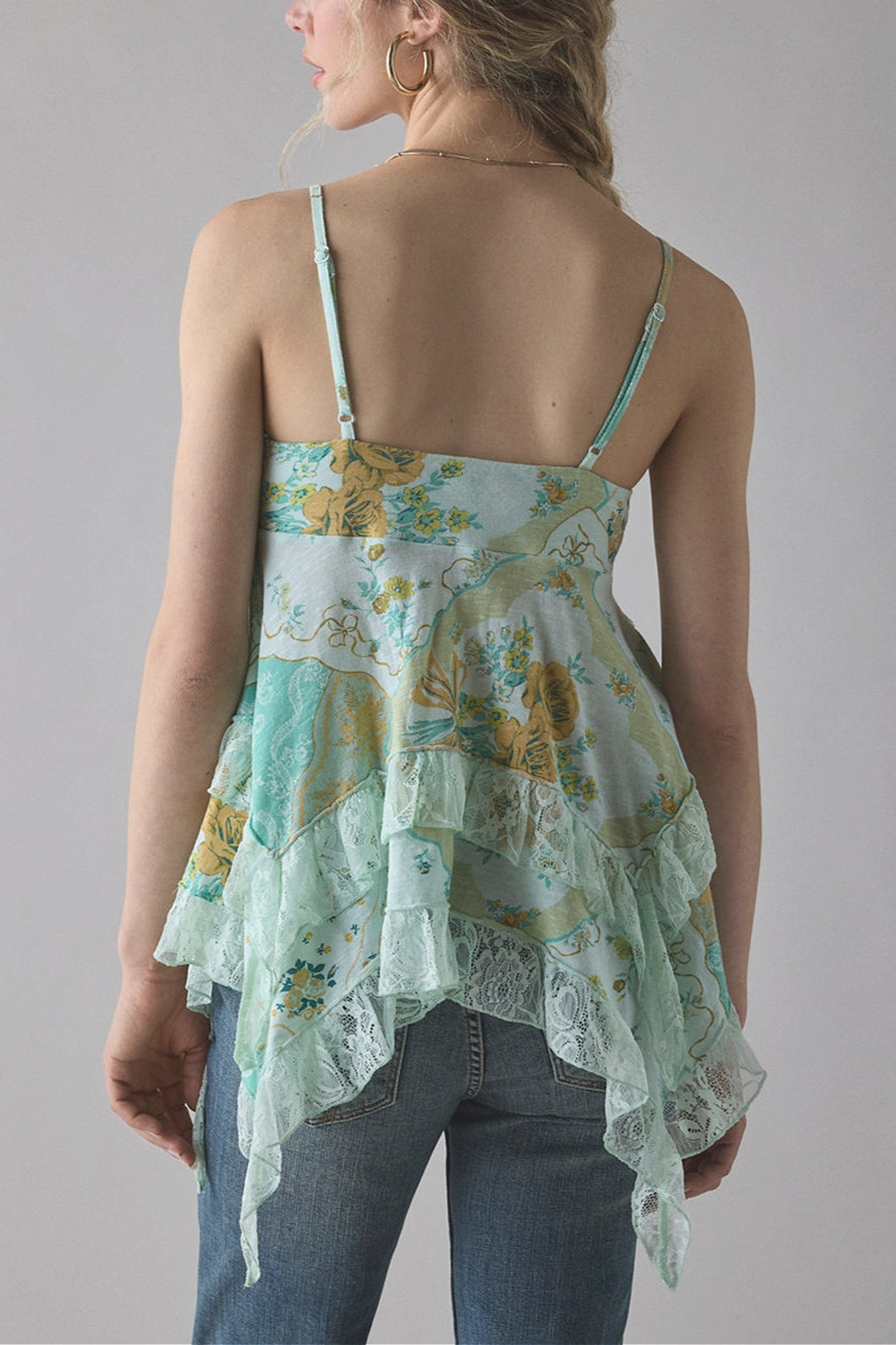 Retro Floral Chiffon Ruffled Hem Cami Top