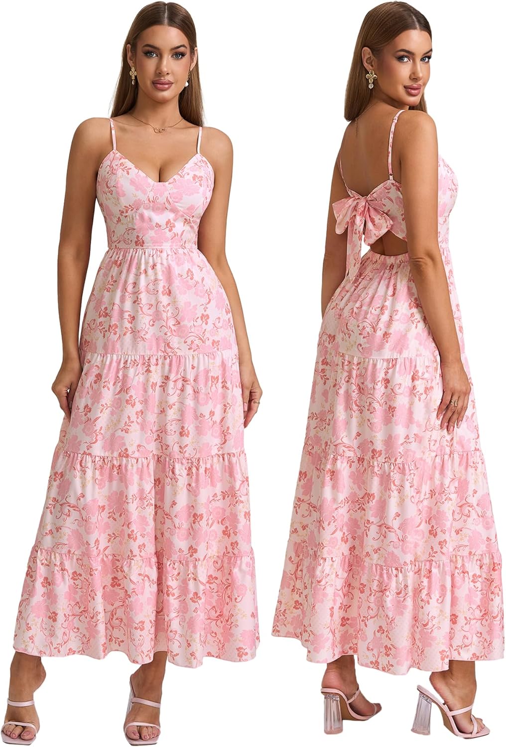Women’s Summer Flowy Maxi Dress – Spaghetti Strap Bow Tie