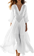 Women Casual A Line Flowy Long Dress Hollow Tiered Ruffle Beach Party Dress