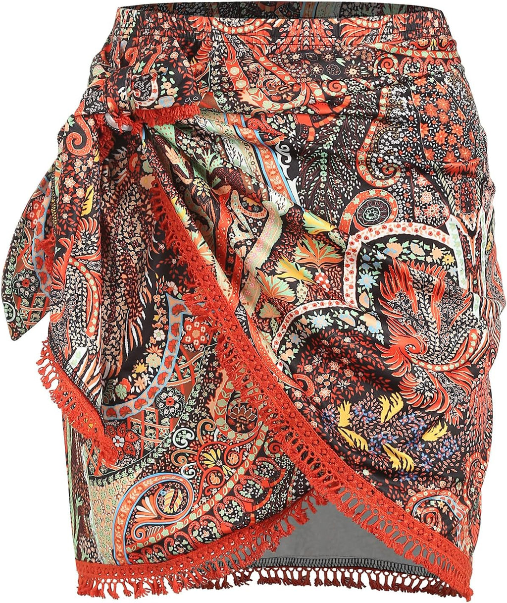 Boho Print Tie Side Mini Skirt Women Slit Tassel Beach Skirt