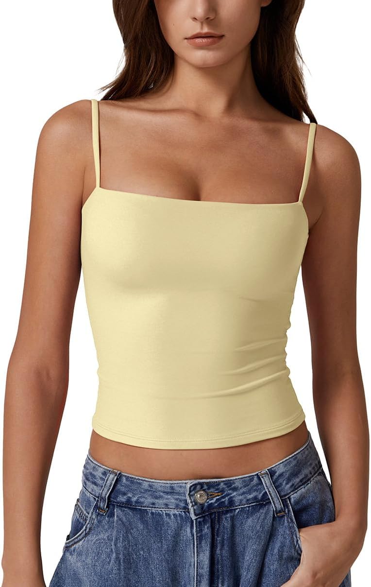 QINSEN Women's Double Lined Basic Tank Top Adjustable Spaghetti Straps Sleeveless Camisole Shirts