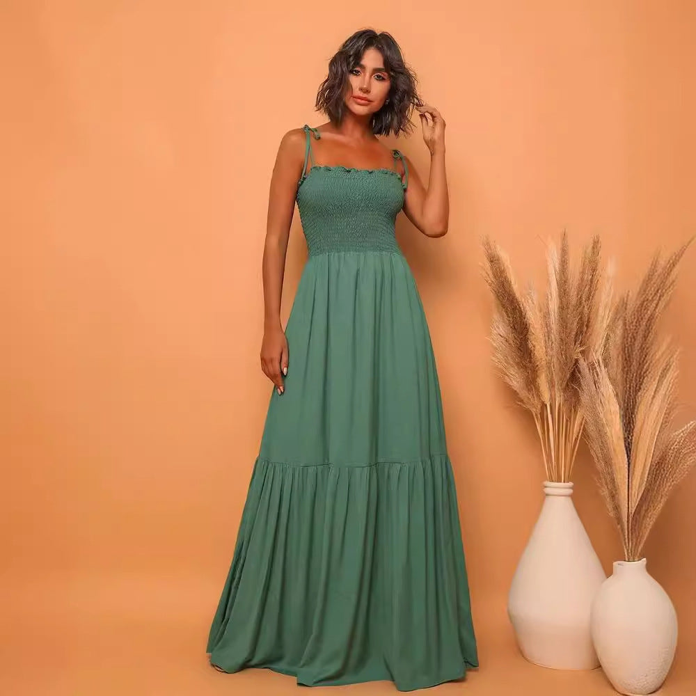 Square Neck Spaghetti Strap Boho Maxi Ruffle Beach Dress
