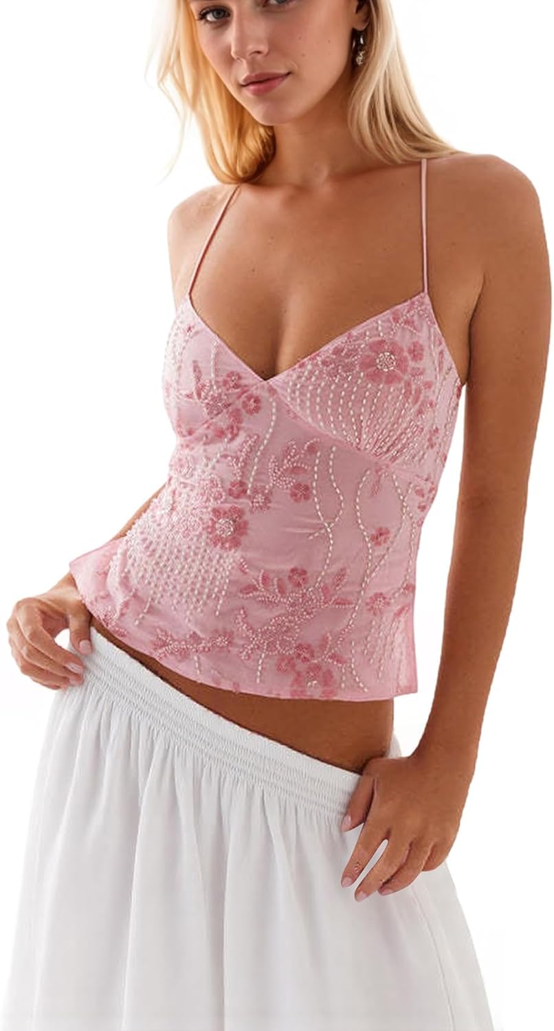 Women Y2K Floral Sequin Crop Top, Sparkle Rhinestone Criss Cross Halter Tank Top