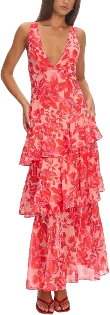 Women Floral Maxi Dress Sexy Deep V Neck Backless Ruffle Beach Party Wedding Guest Dress