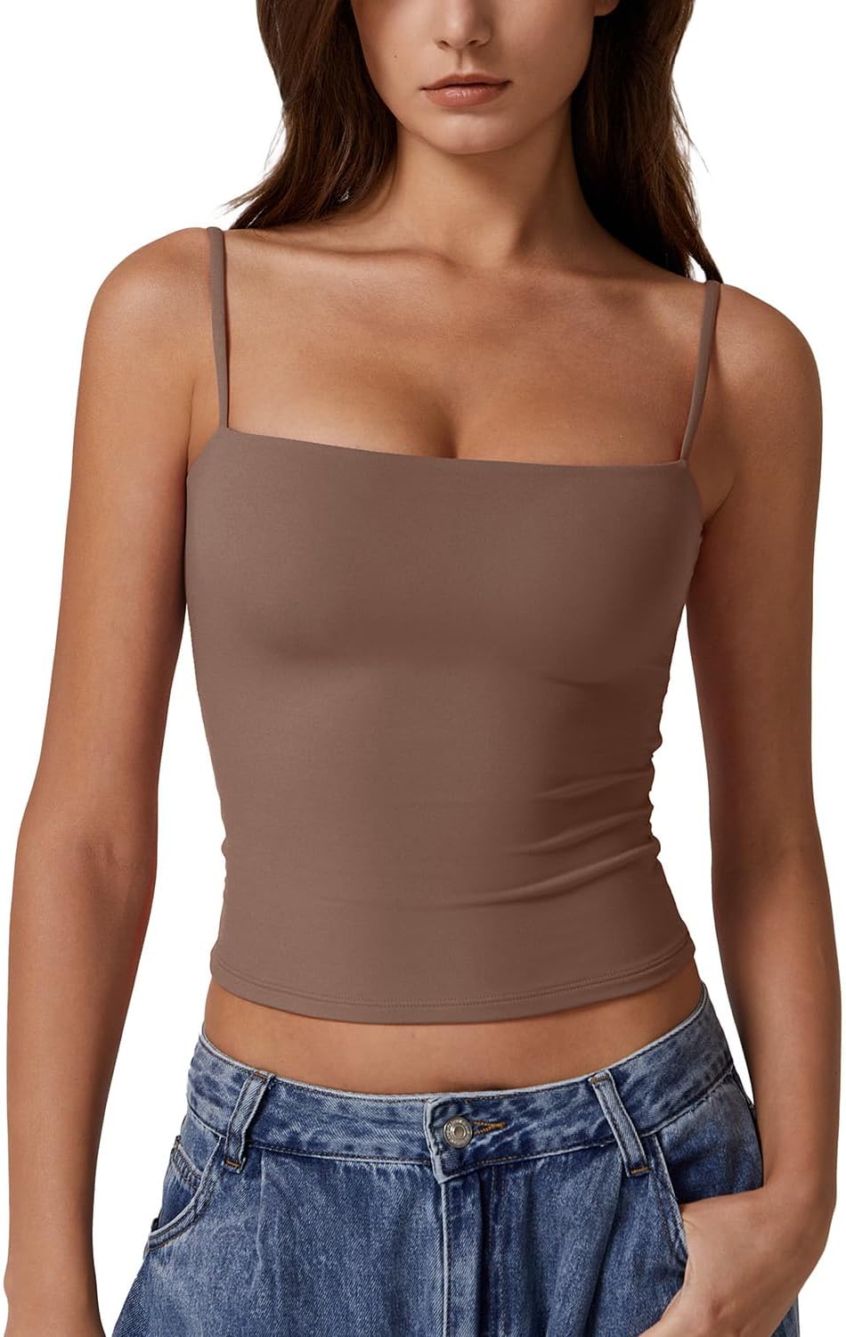QINSEN Women's Double Lined Basic Tank Top Adjustable Spaghetti Straps Sleeveless Camisole Shirts