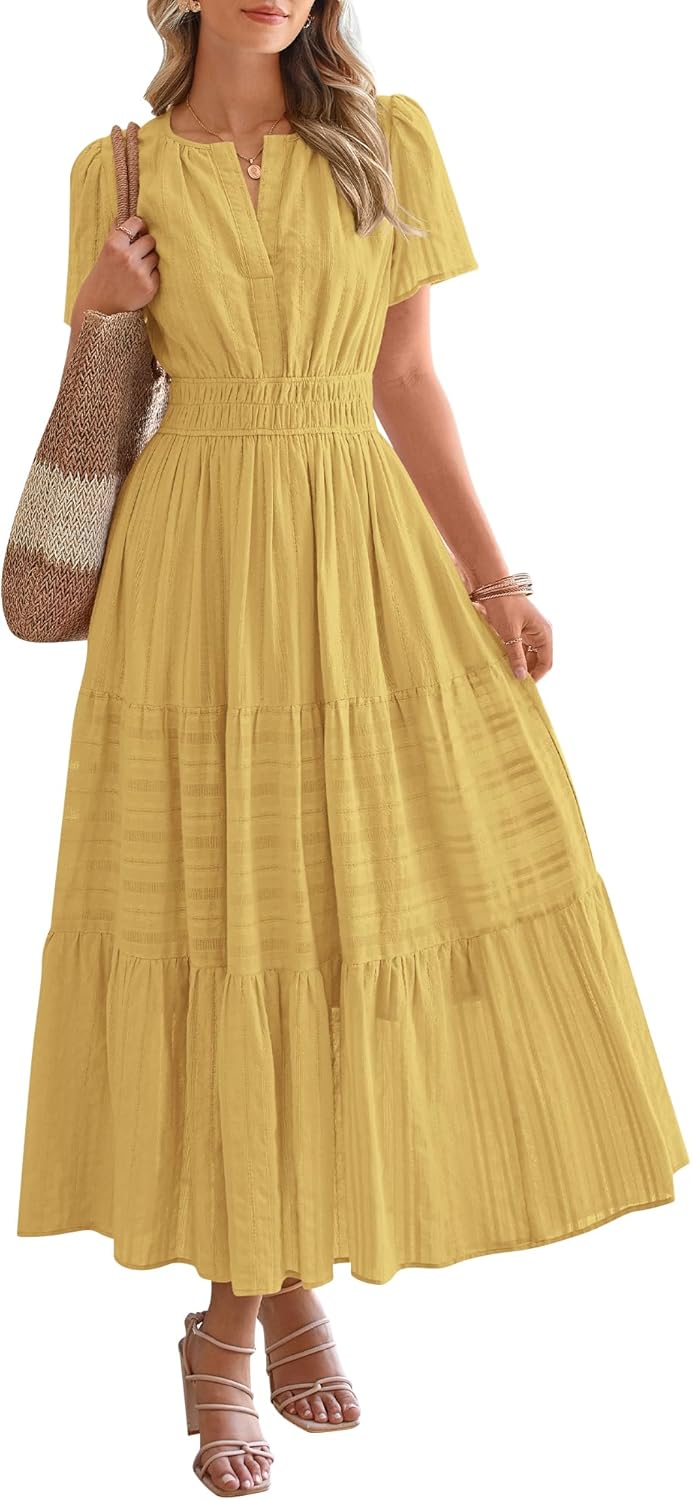 Casual Boho Maxi Dress Women V Neck Short Sleeve Flowy Beach Dress with Pockets