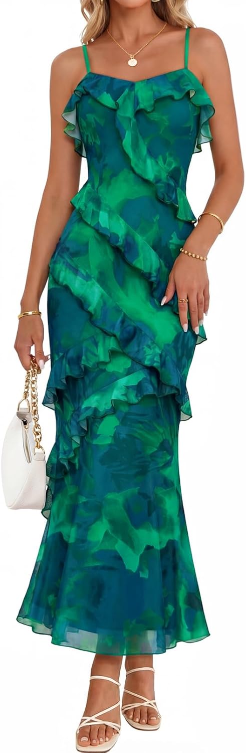 Women Bodycon Floral Long Dress Spaghetti Strap Wedding Guest Dress