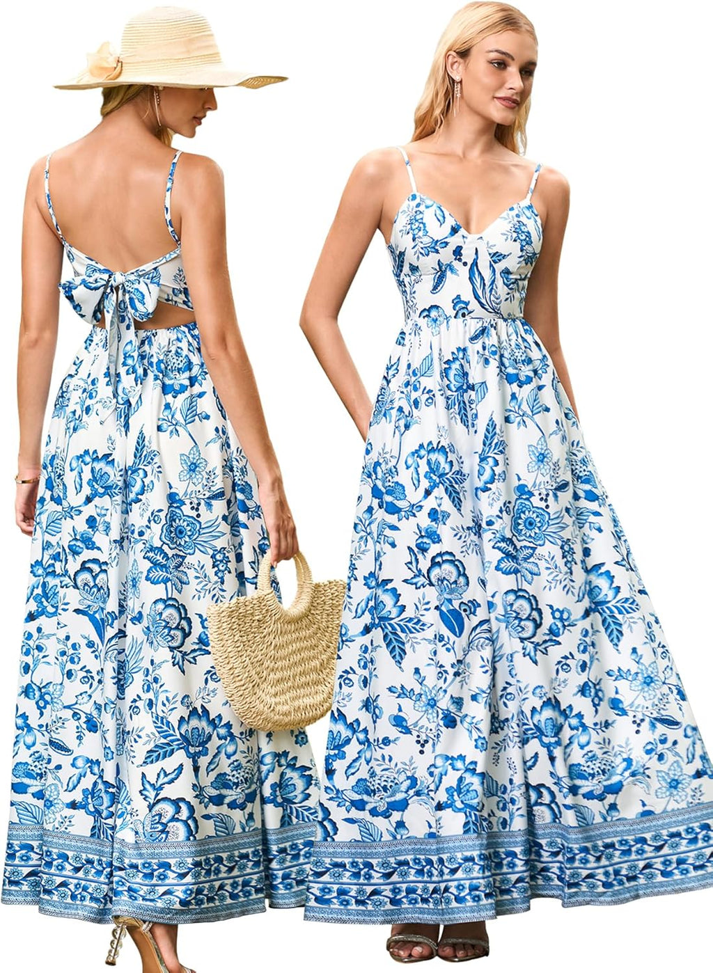 Women’s Summer Flowy Maxi Dress – Spaghetti Strap Bow Tie