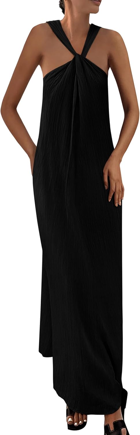 Casual Off Shoulder Maxi Dress Women Sleeveless Strappy Beach Dress with Pockets
