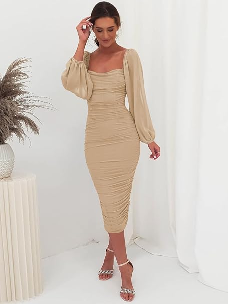 Square Neck Puff Sleeve Ruched Bodycon Midi Party Dress