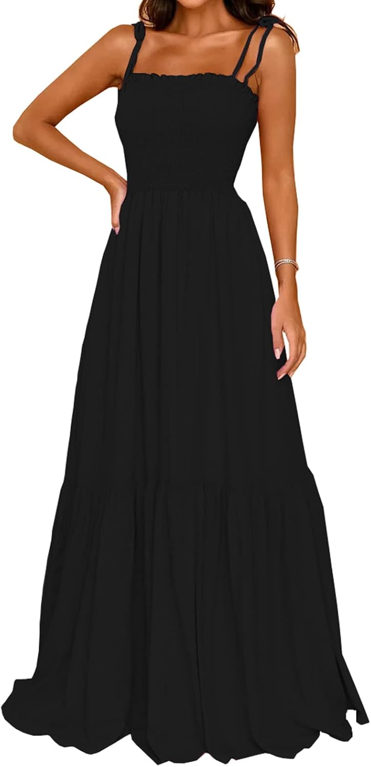 Square Neck Spaghetti Strap Boho Maxi Ruffle Beach Dress