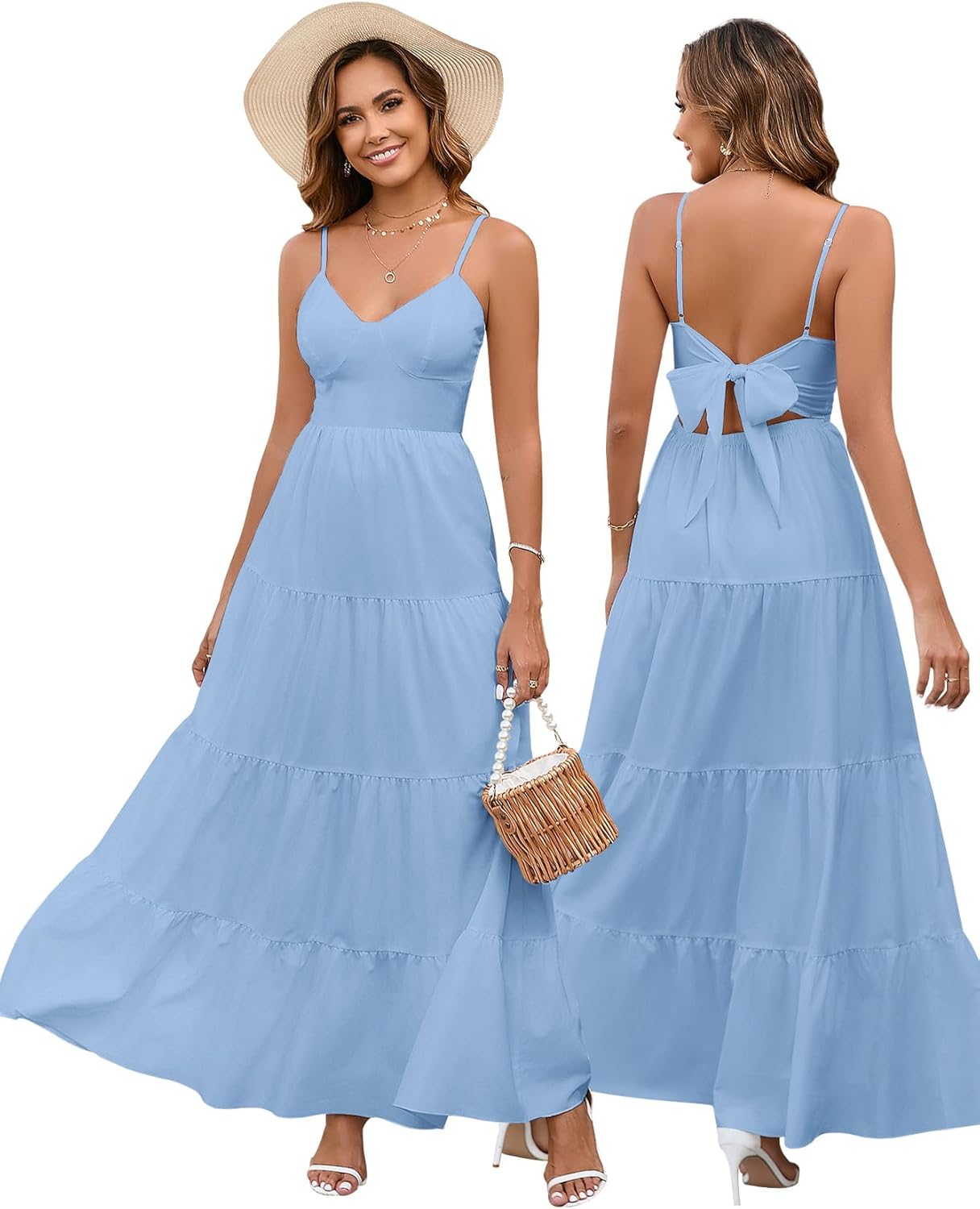 Women’s Summer Flowy Maxi Dress – Spaghetti Strap Bow Tie