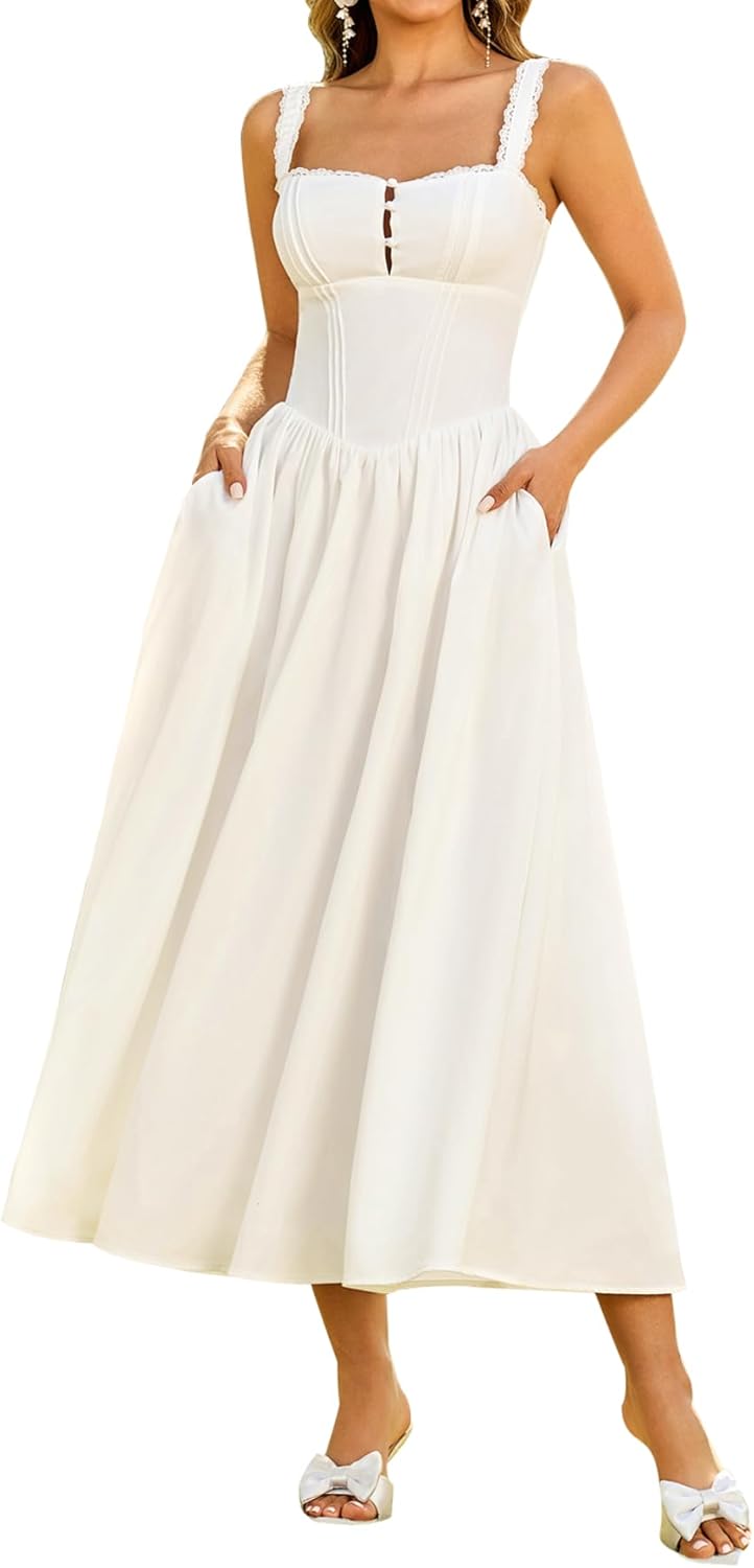 Women Summer Lace Corset Midi Dress Flowy Bridal Shower Dress