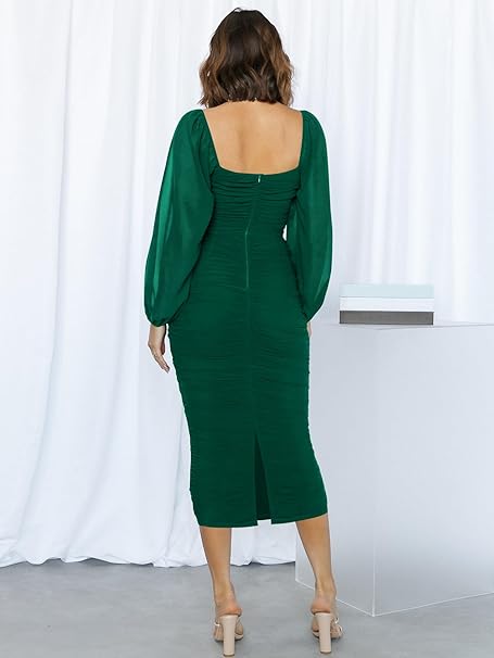 Square Neck Puff Sleeve Ruched Bodycon Midi Party Dress